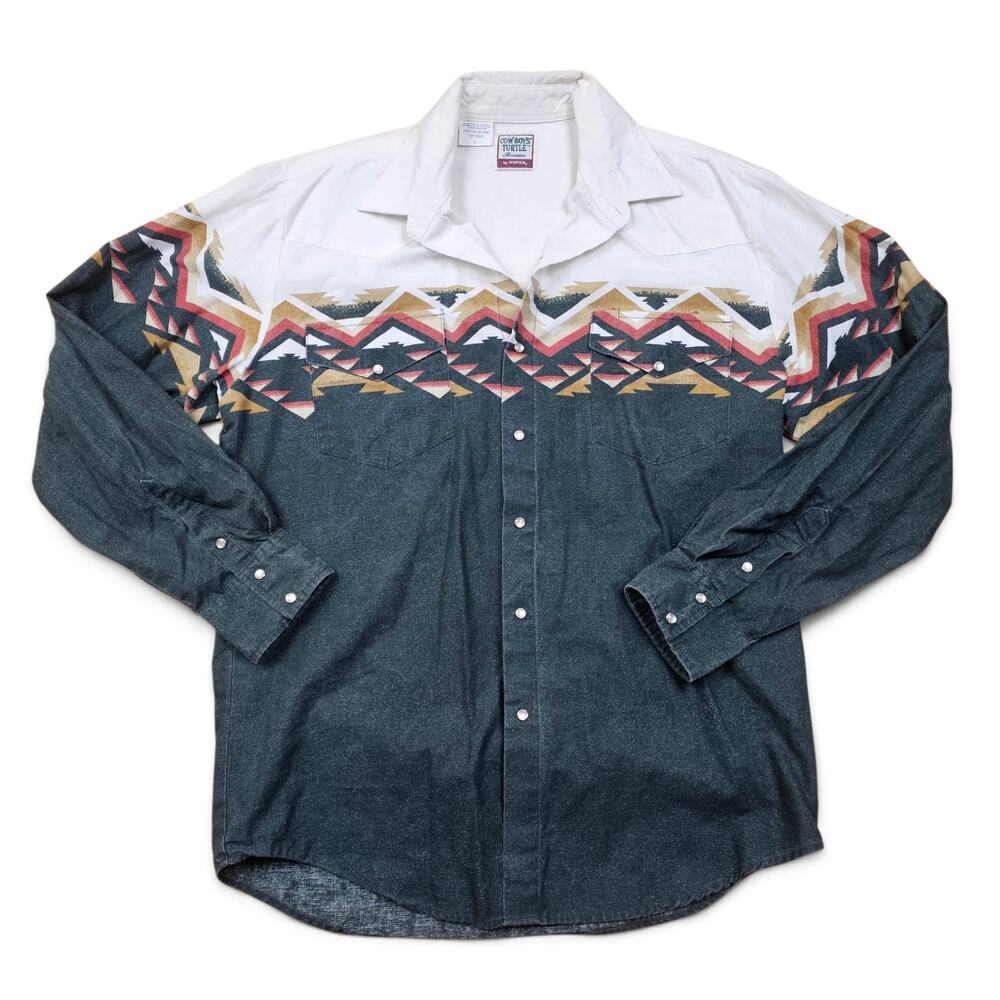 ROPER Cowboys Turtle Southwestern Pearl Snap Shirt Mens L VTG 90s Retro Cowboy